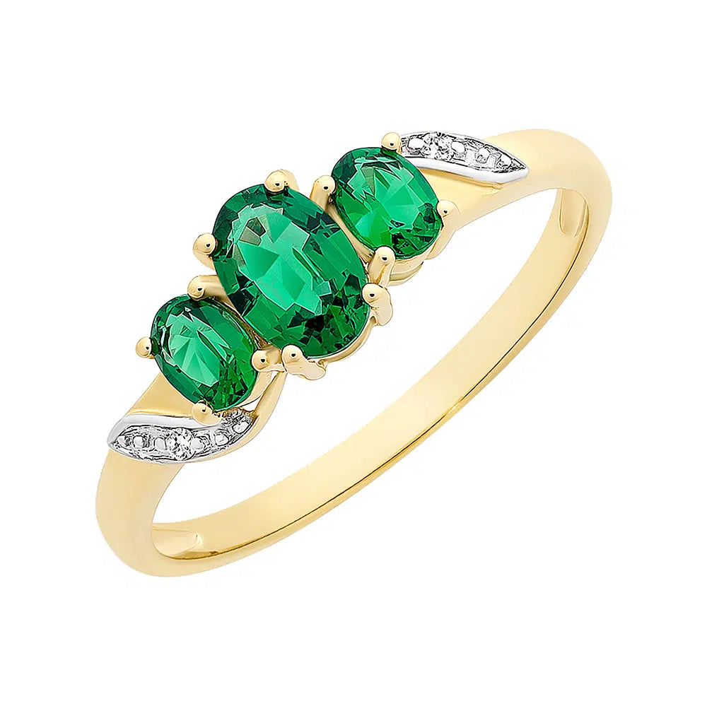 9K YG Created Emerald & Diamond Ring