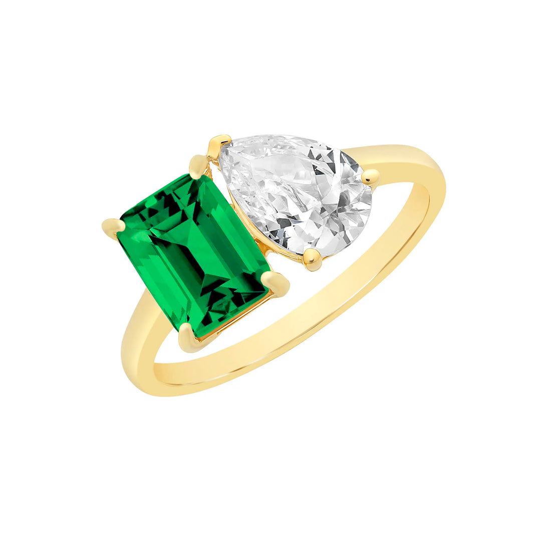 9K YG Created Emerald & Cubic Zirconia Ring