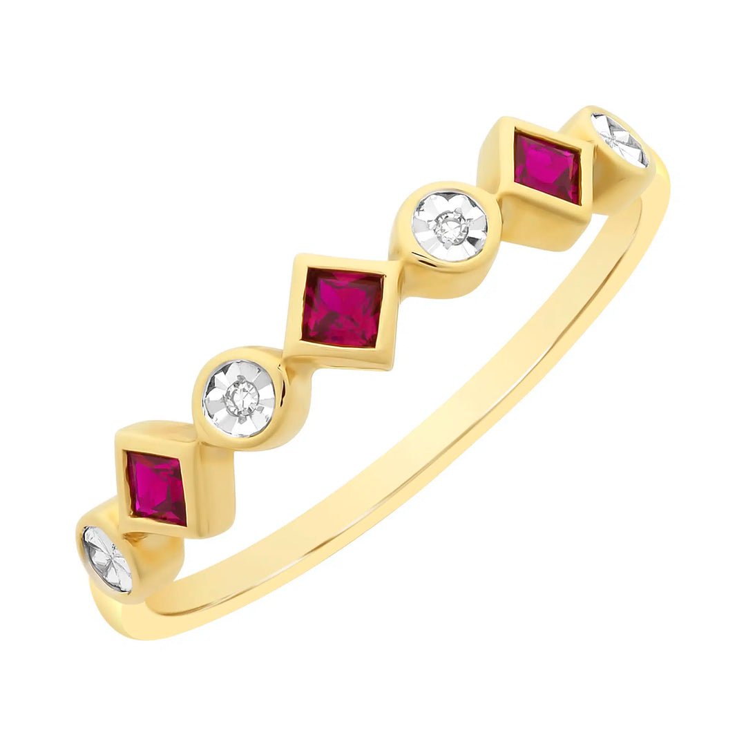 9K YG Created Ruby & Diamond Ring