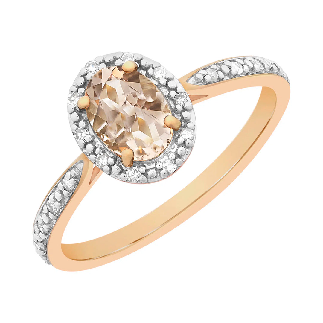 9CT Rose Gold Oval Morganite & Diamond Ring