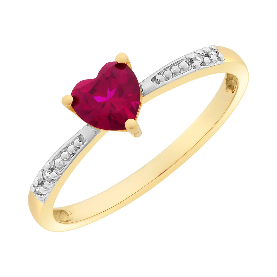 9K YG Created Heart Ruby & Diamond Ring