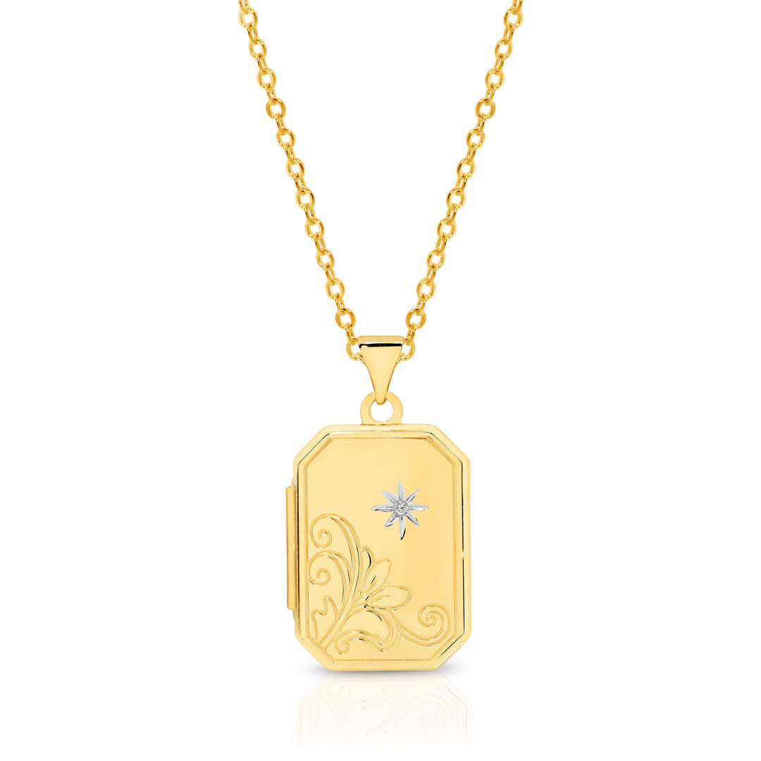9K YELLOW GOLD 20*14MM RECTANGLE, DIAMOND SET LOCKET TDW 0.005CT H/P1 WITH DISPLAY CHAIN