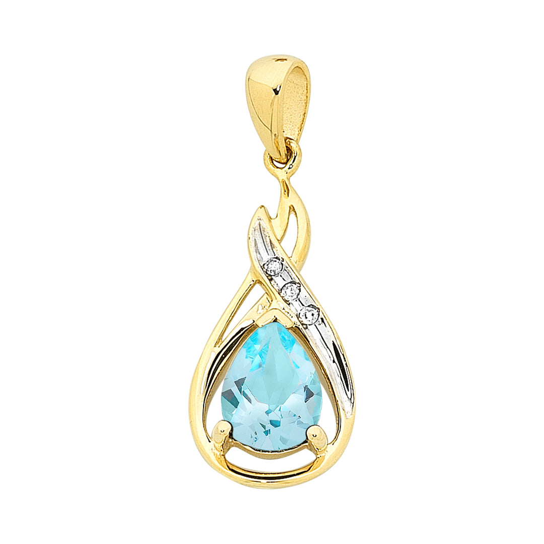 9K YG Dia & Blue Topaz Swirl Pendant