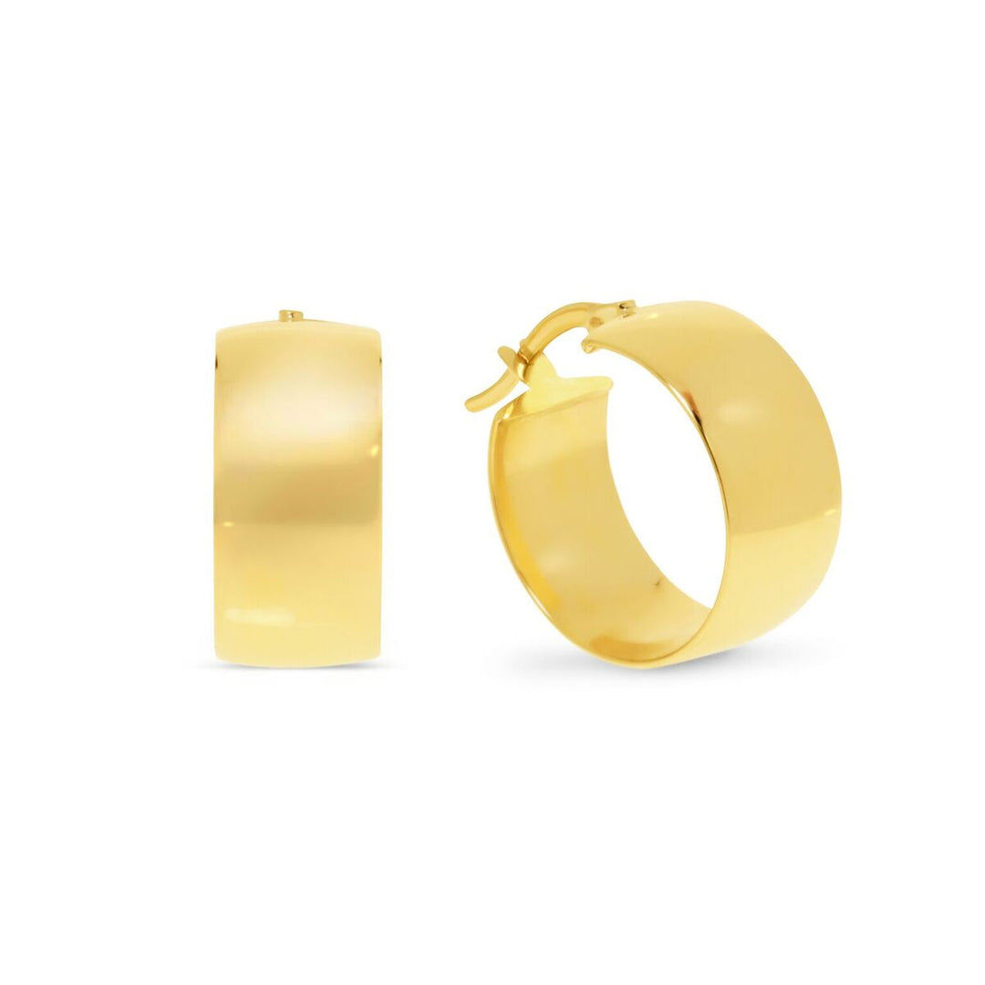 9K Yellow Gold Wide Flat Polished Hoops, Front Width - 8Mm, Side Width - 16Mm