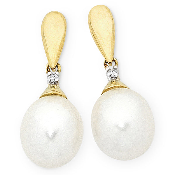 9k YG Diamond & White Pearl Drop Stud