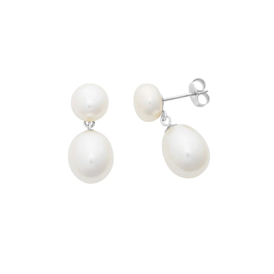 S/Silver Double White Freshwater Pearl Drop Stud Earrings