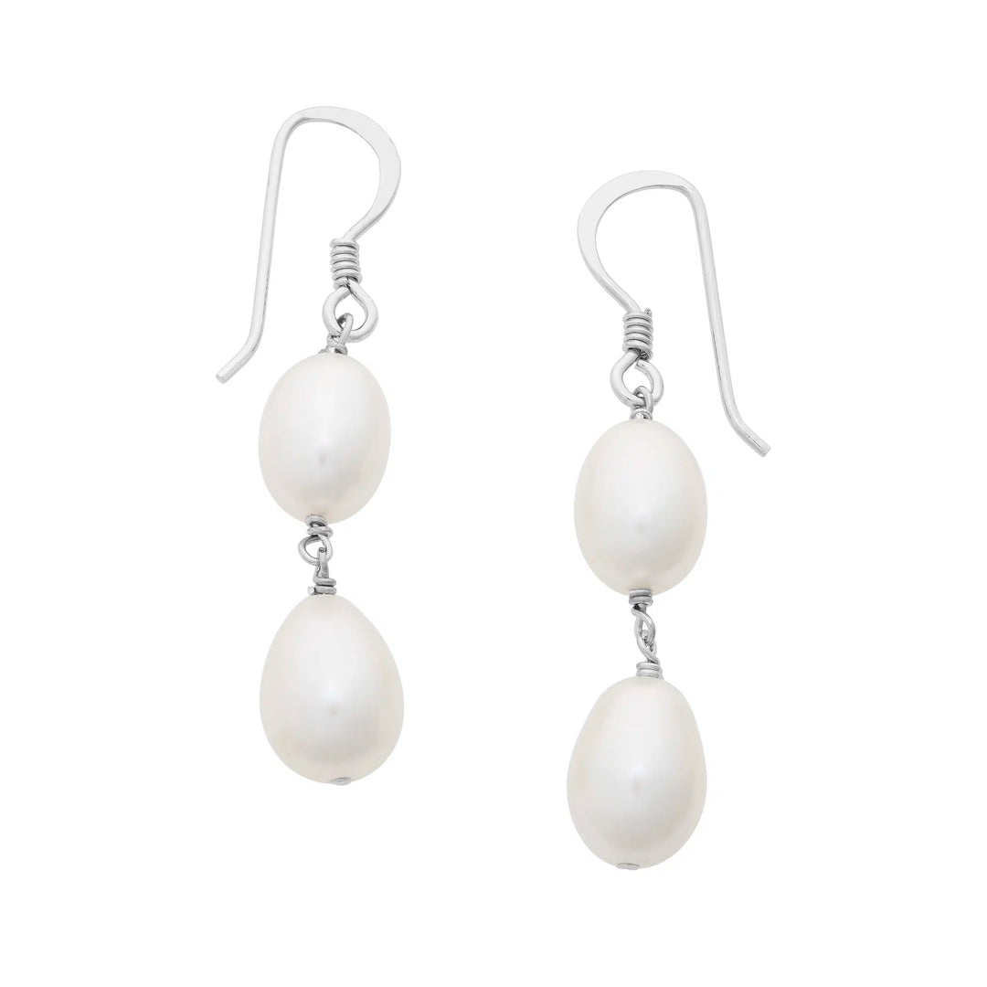 Silver White Fresh Water Pearl Double Drop Shepherd Hook Earrings