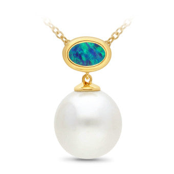 9K YG Blue Opal & White South Sea Pearl Pendant