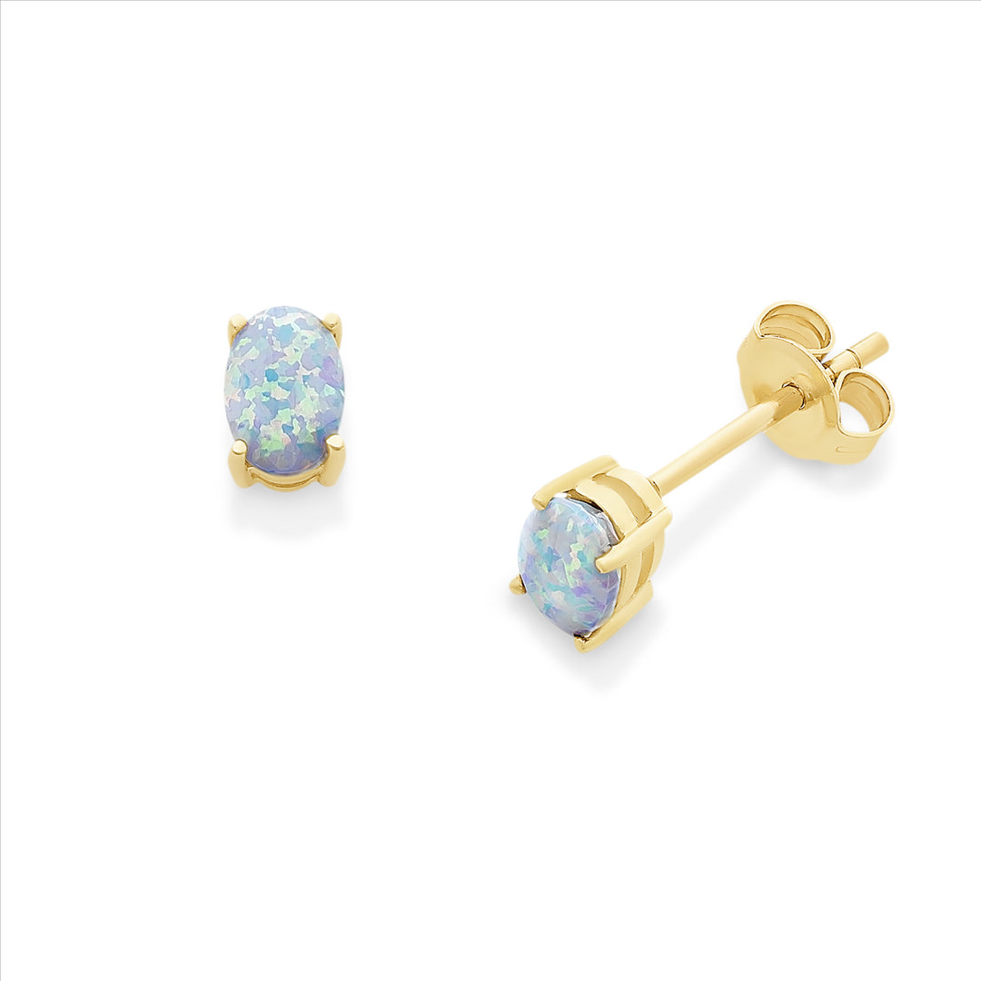 9k YG Oval Created Opal Studs