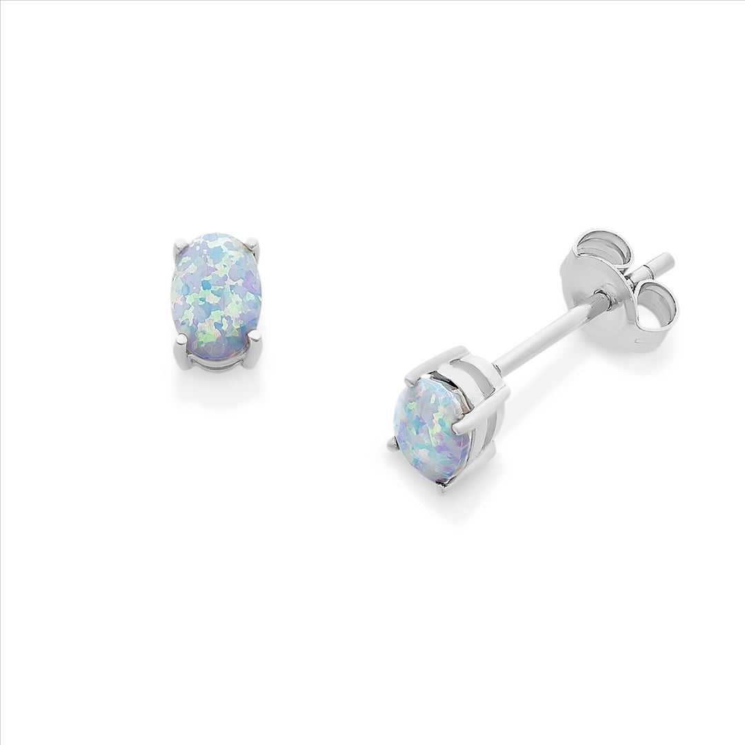 Sterling Silver Oval Created Opal Stud Earrings