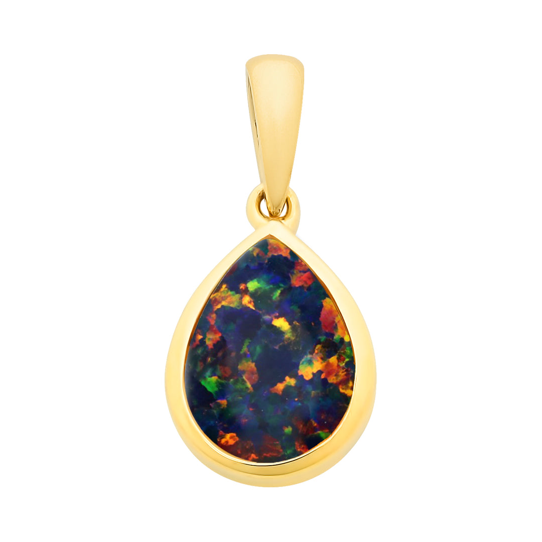 9K YG Lab Grown Black Opal Teardrop Pendant