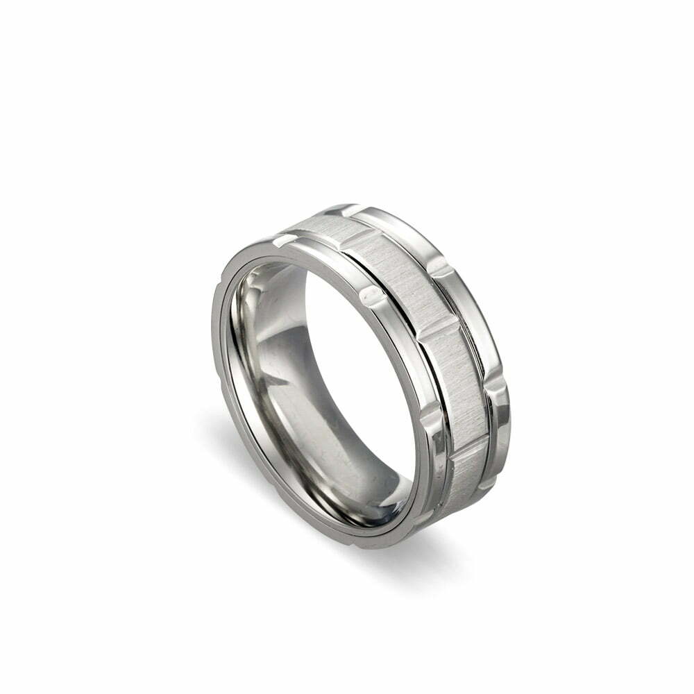 Blaze Stainless Steel Men’s Brushed And Shiny Brick Pattern Ring