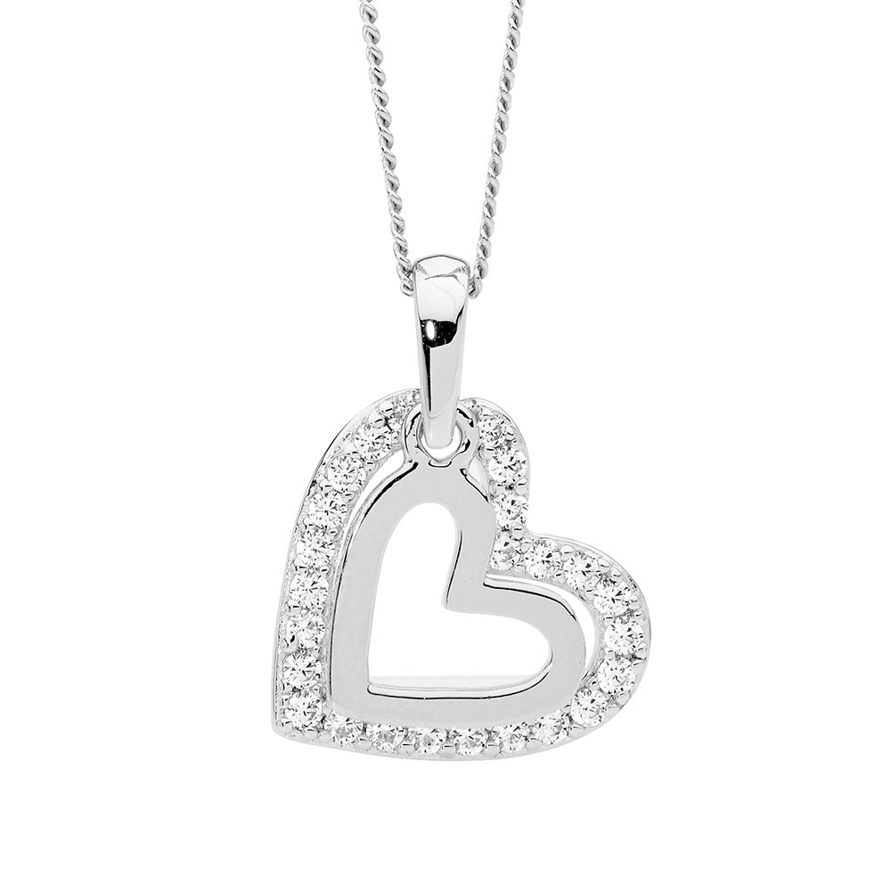 Ellani Silver CZ & Plain Double Heart Necklace