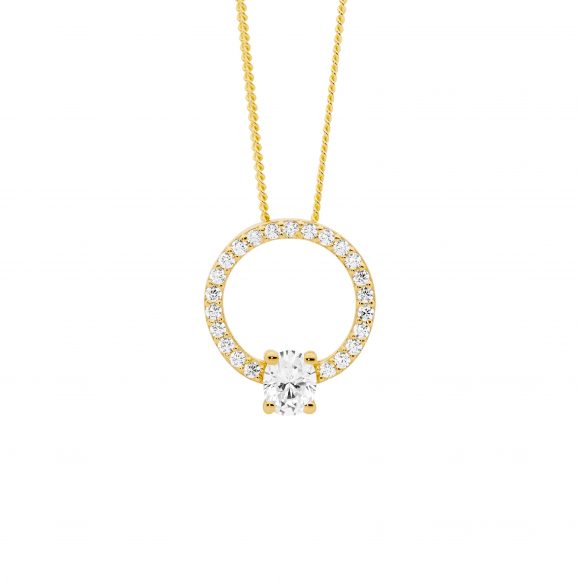 Ellani S/Silver White Cz 13Mm Open Circle Pendant W/Oval Cz, Gold Plating