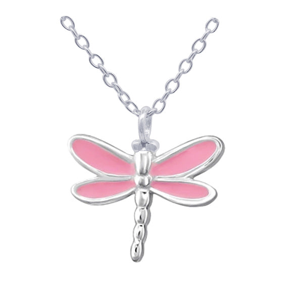 Silver Pink Enamel Dragonfly Necklace