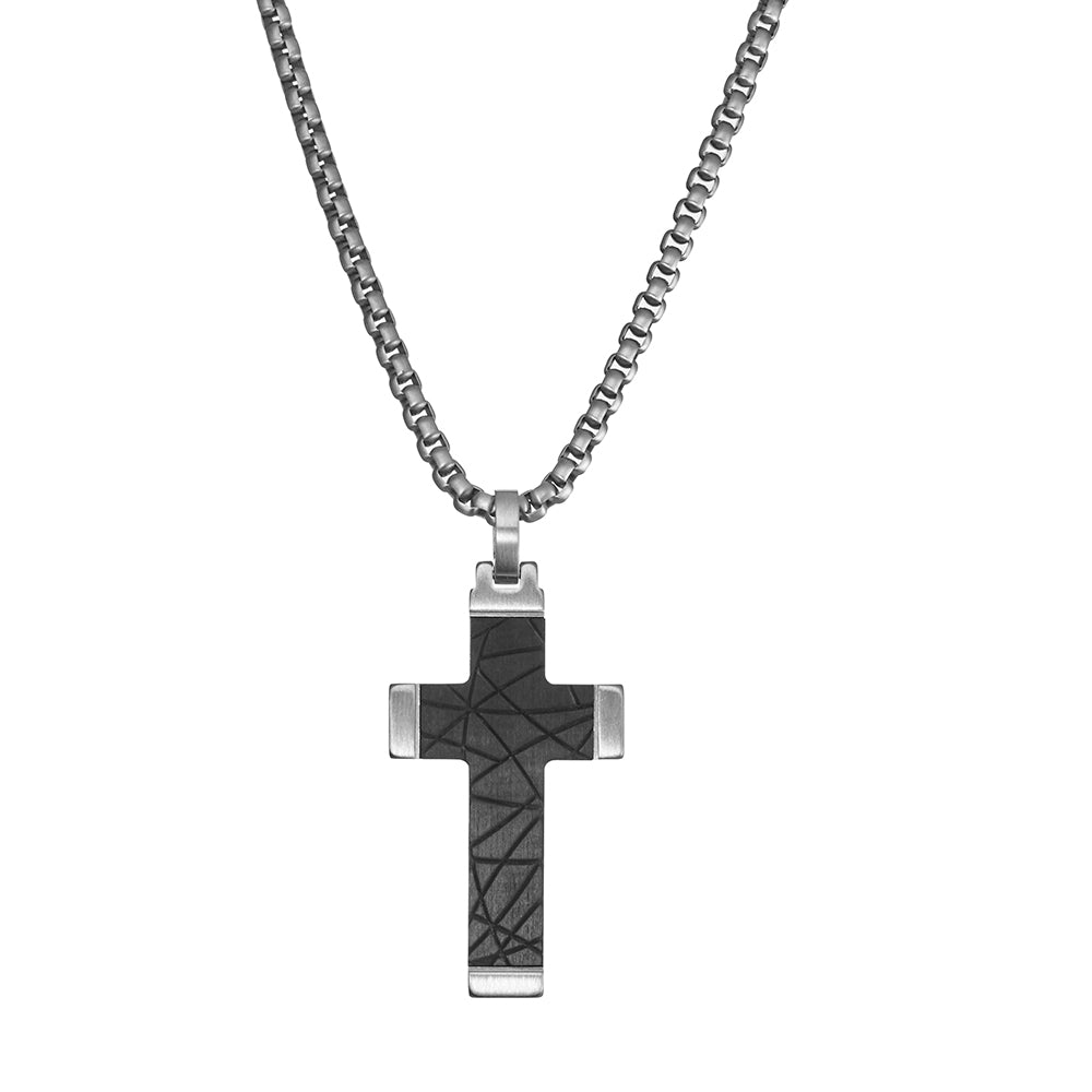 Blaze Steel & Carbon Fibre Cross Necklace, 55CM