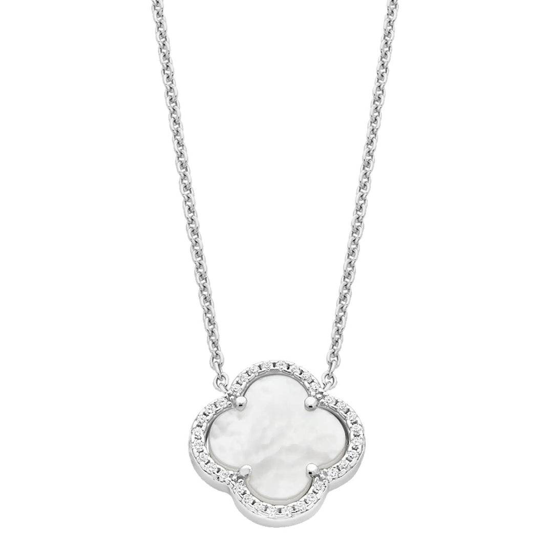 Silver CZ Halo Mother Of Pearl Clover Necklace