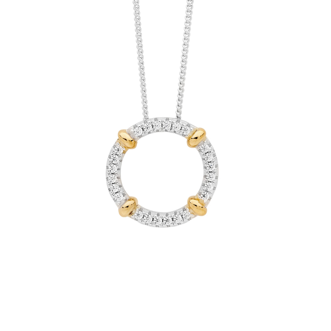 Ellani Silver/YG Plated CZ Circle & Bead Necklace