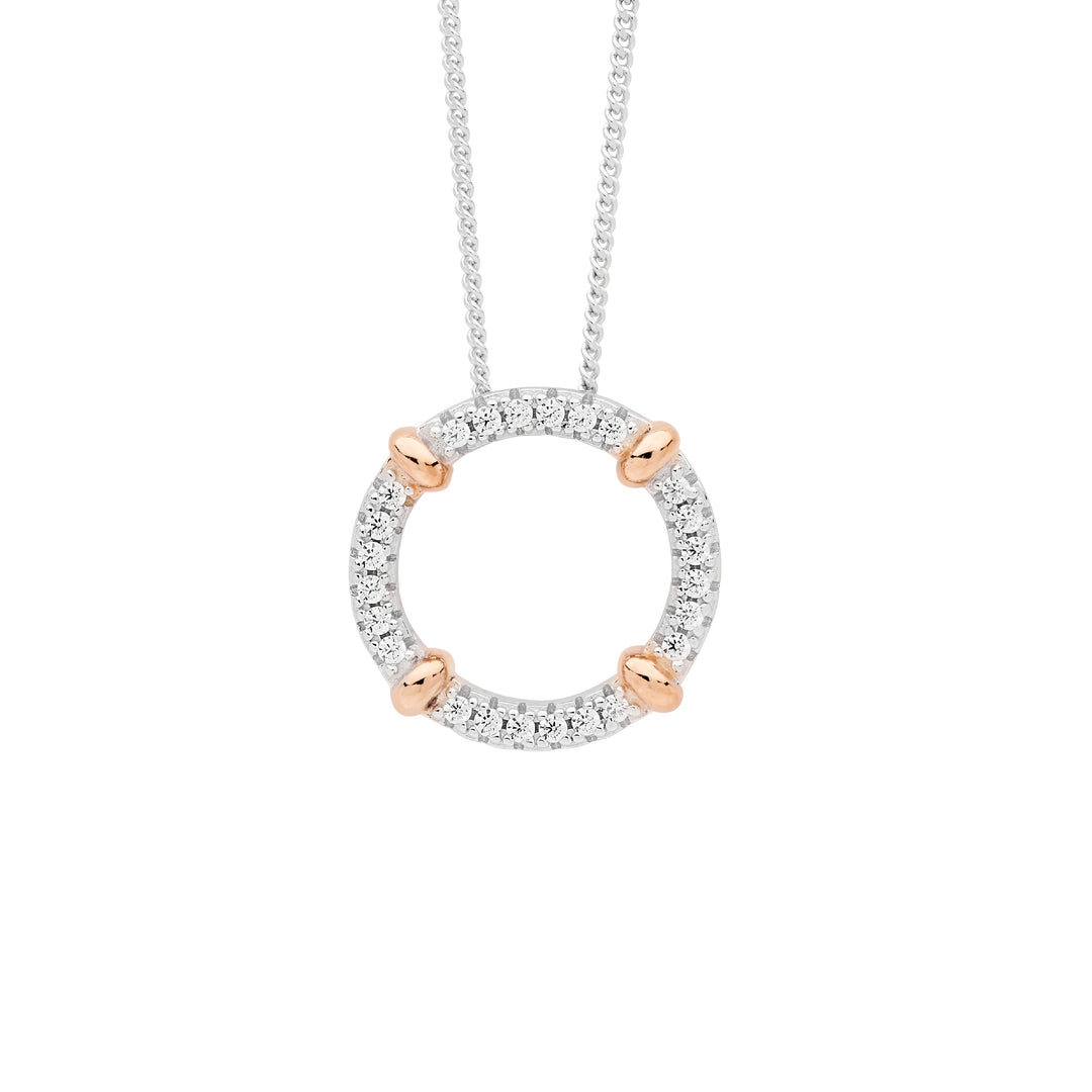 Ellani Silver/RG Plated CZ Circle & Bead Necklace