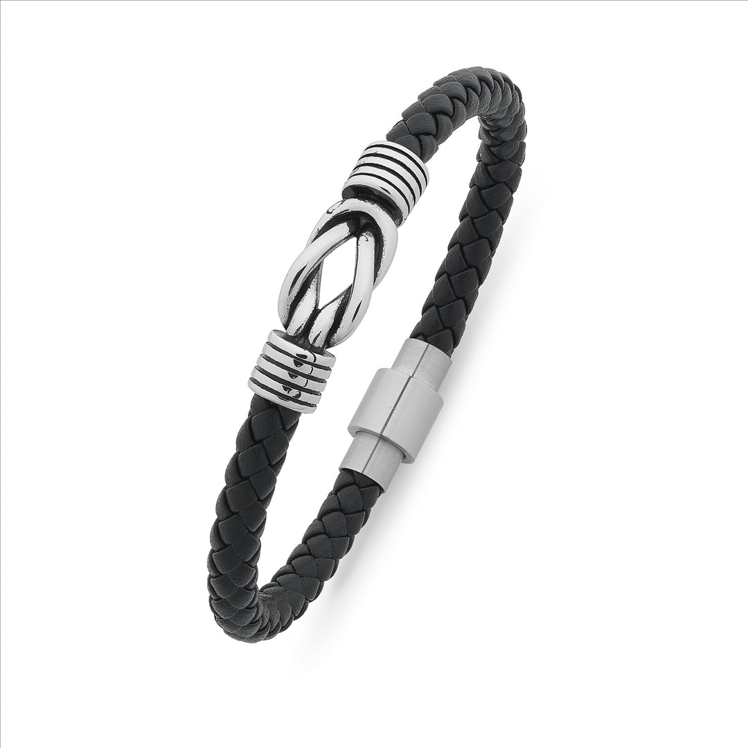 Stainless Steel & Black Leather Knot Bracelet