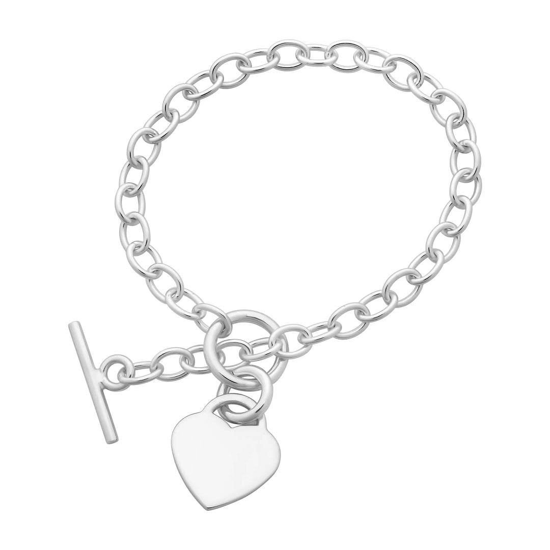 Sterling Silver Oval Cable T-Bar Heart Bracelet