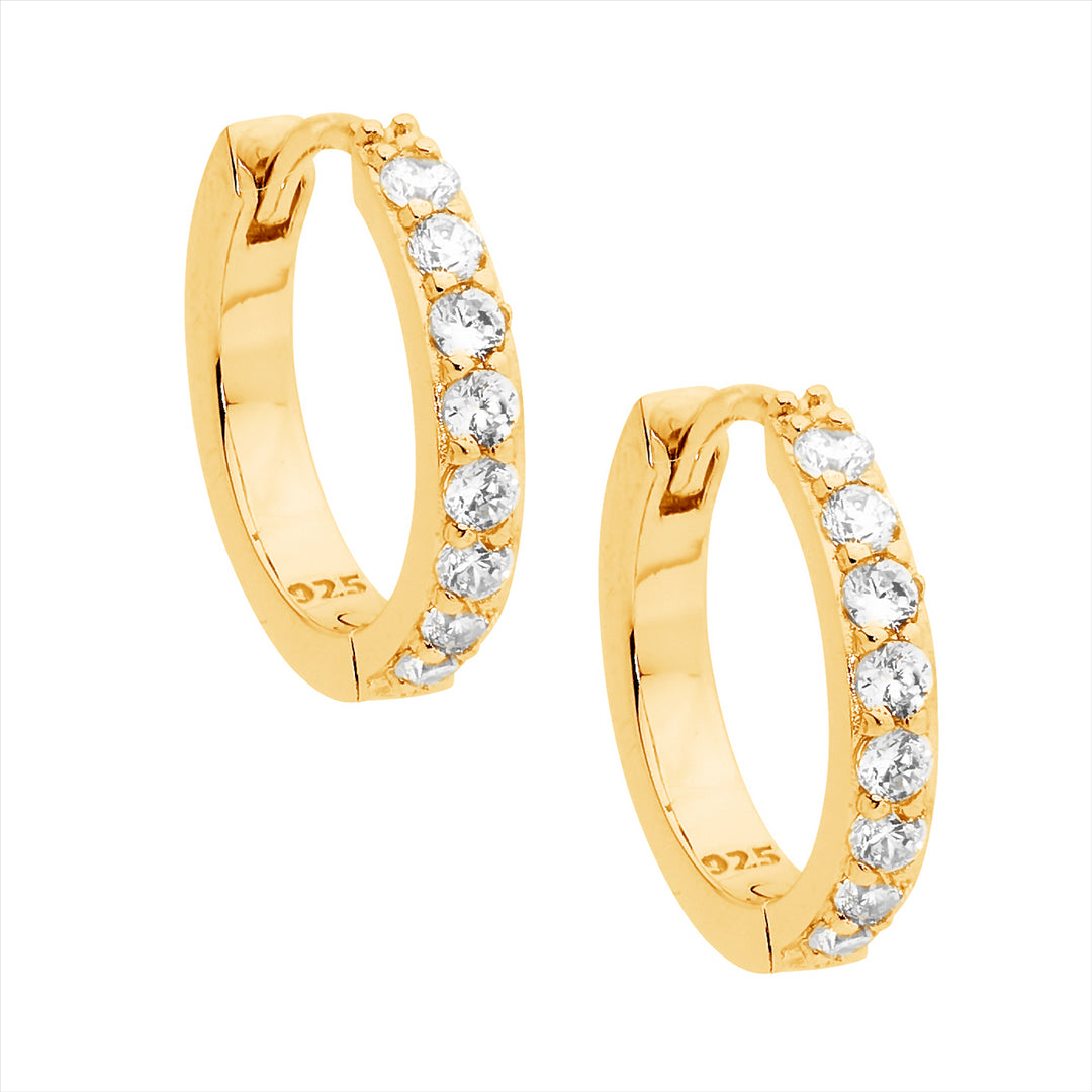 Ellani S/Silv Wh Cz Single Row 15Mm Hoop Earrings W/ Gold Plating