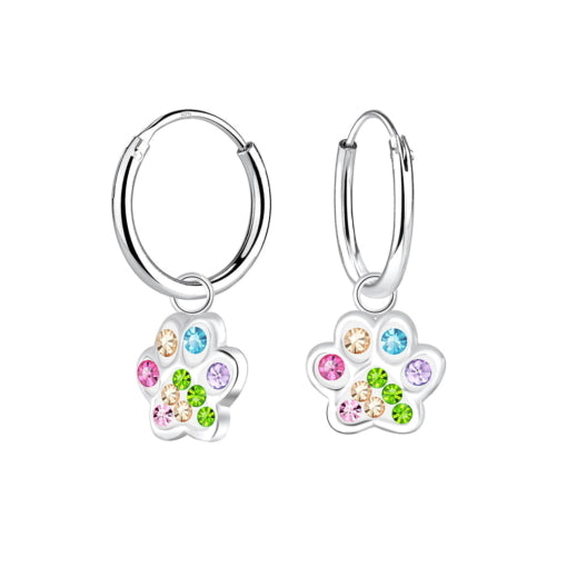 Silver Multi-Colour CZ Paw Print Drop Hoops