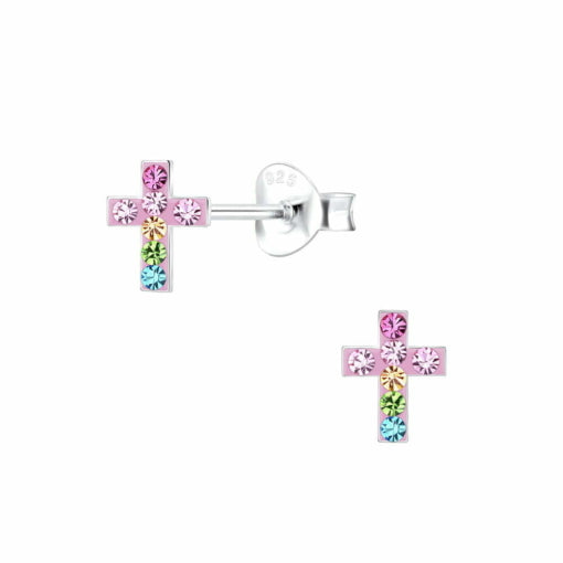 Tiny Treasures Sterling Silver Multi-Colour Cz Cross Stud Earring