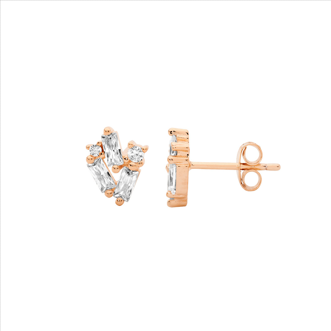 Ellani S/Silver Staggered Rnd & Baguette Wh Cz Earrings W/ Rose Gold Plating