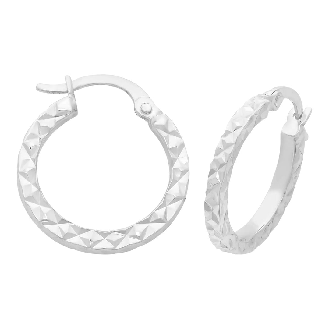 Silver Medium Dia Cut Hoop Earrings