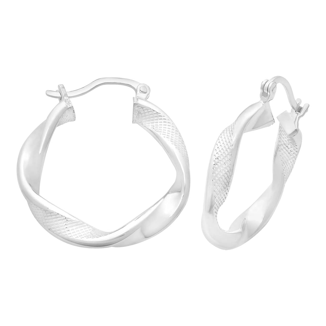 Silver Medium Long Twist Patterned Hoop Earrings