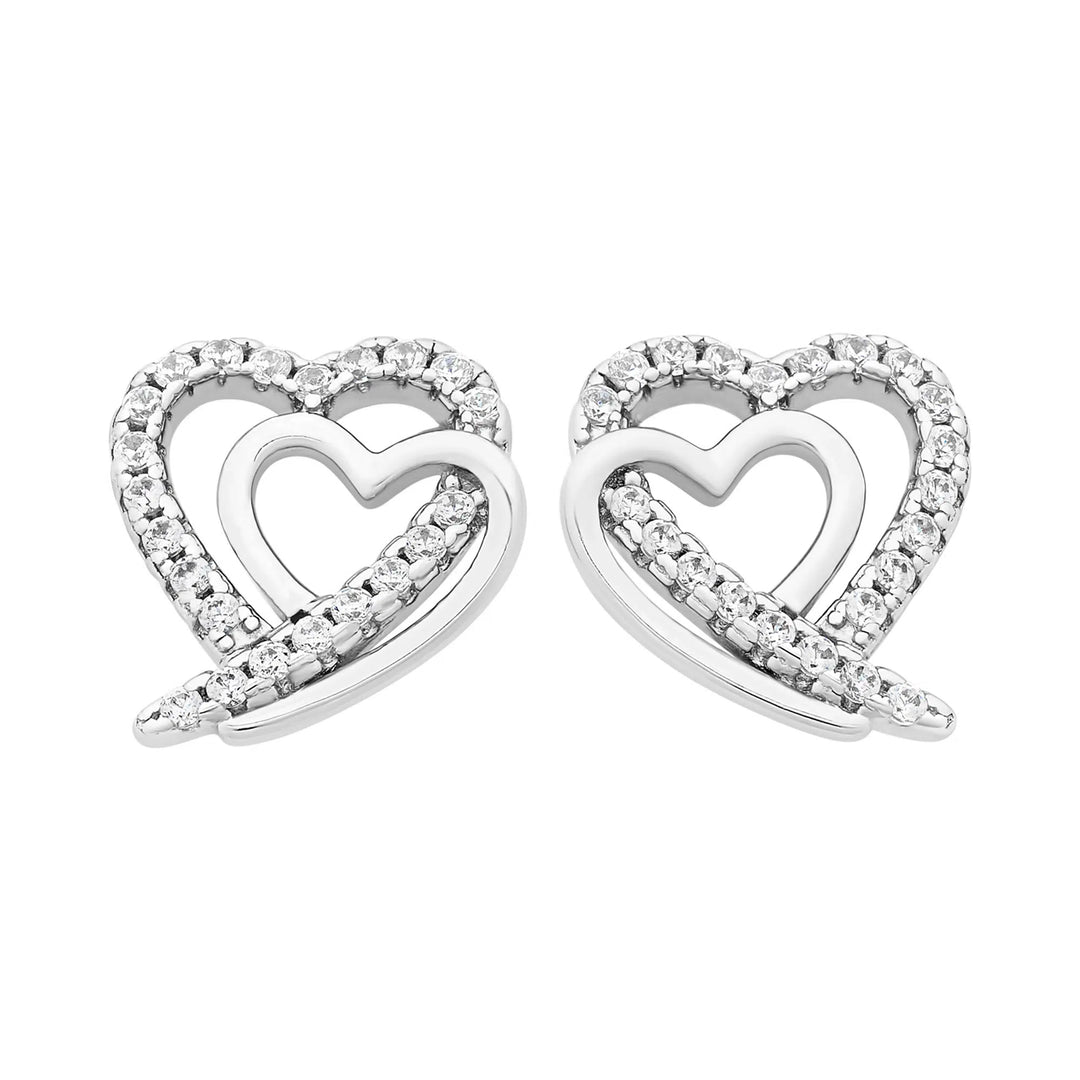 Sterling Silver Double Heart CZ Heart Stud Earrings