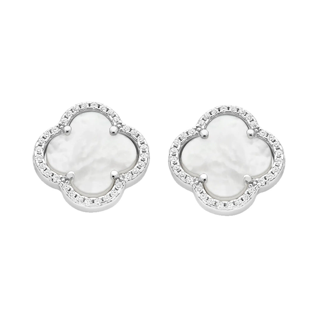 Silver CZ Halo Mother Of Pearl Clover Studs