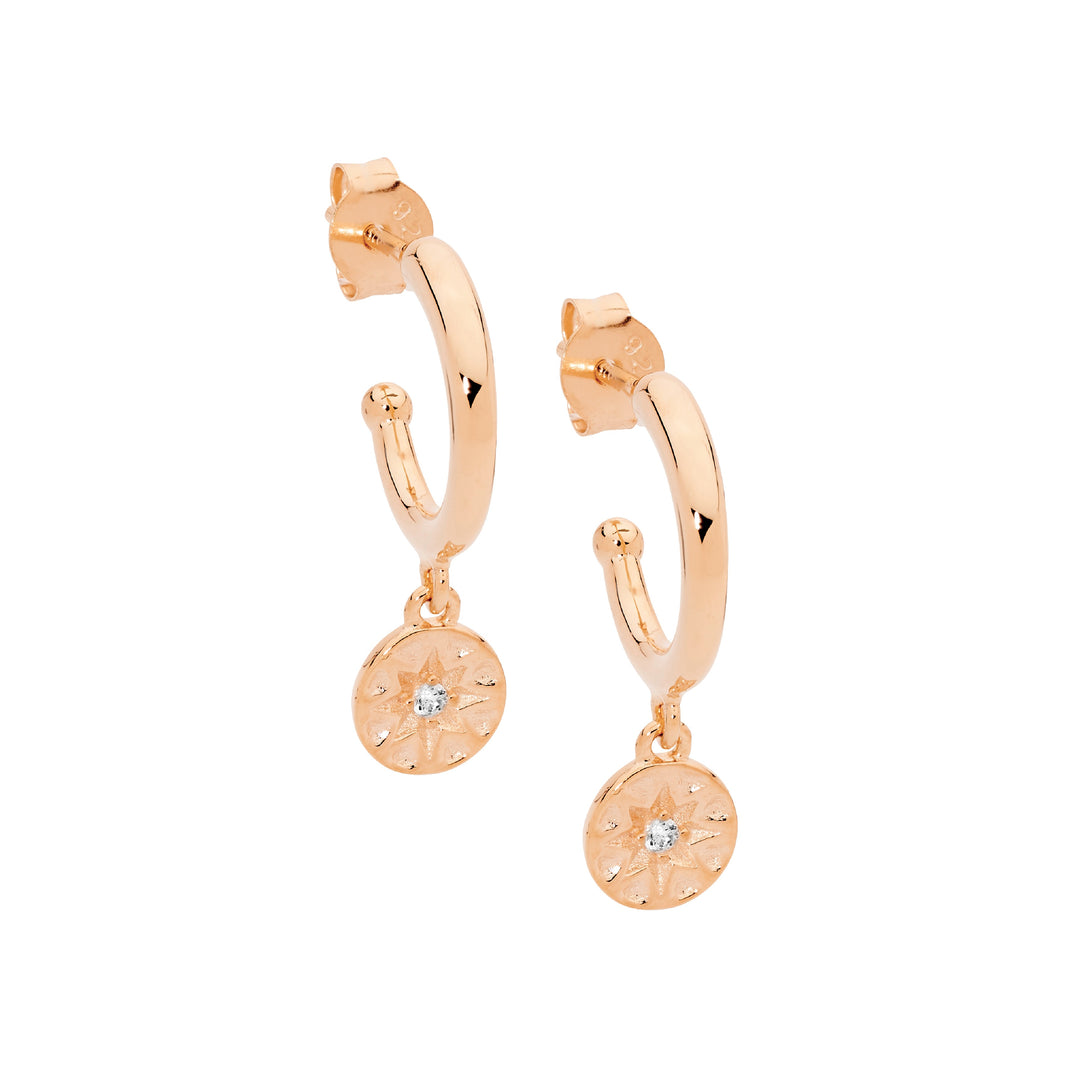 Ellani RG Plated Hoop Studs With Star CZ Disc Drop