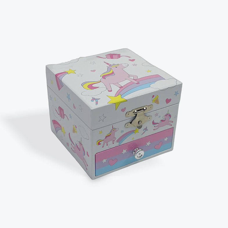 Square white unicorn and rainbow musical jewellery box