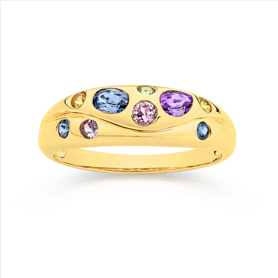 MD0079 - 9ct YG Multi Colour Pear, Round and Oval Hammer Set Ring