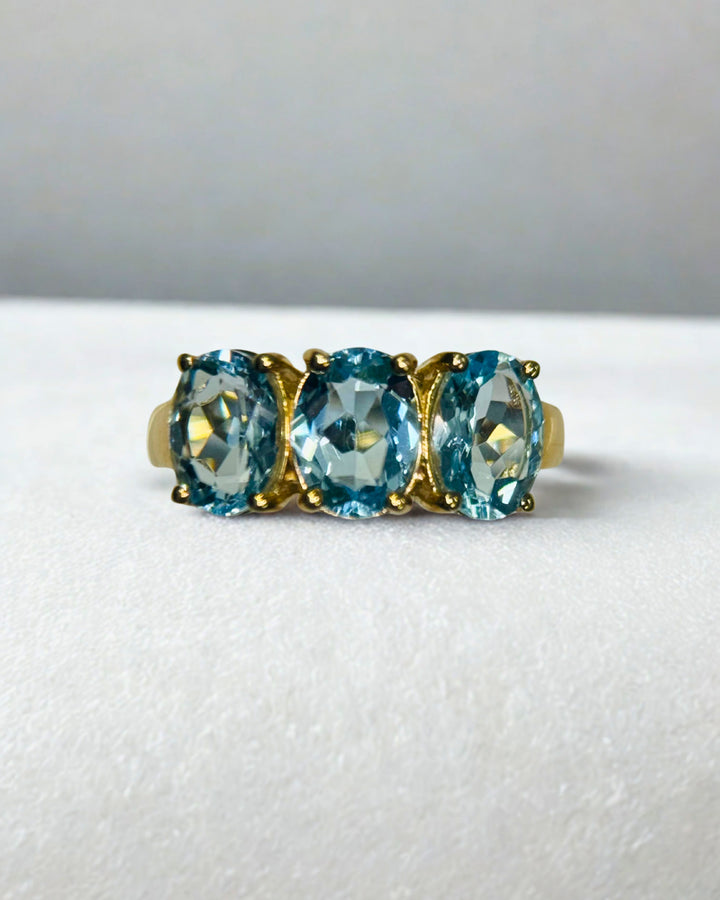 9K YG 3 X Aquamarine Dress Ring, Size O
