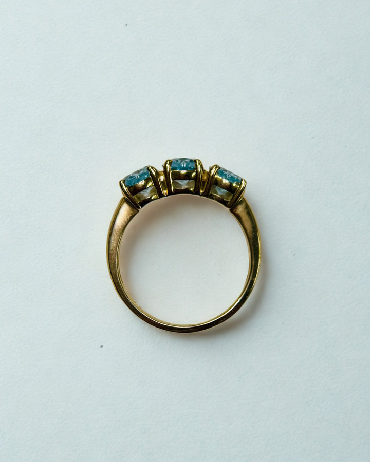 9K YG 3 X Aquamarine Dress Ring, Size O