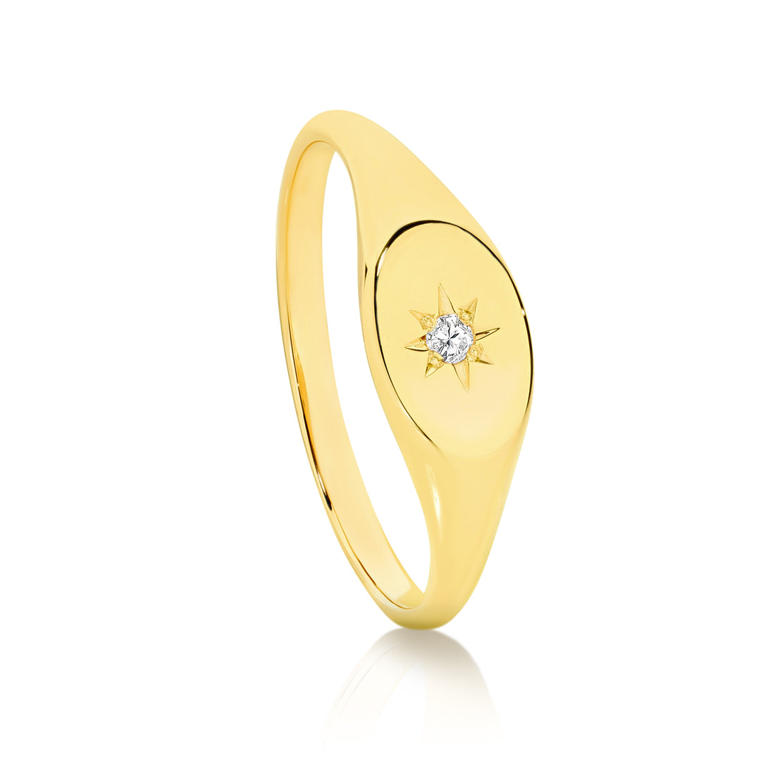 9K Yellow Gold Oval Diamond Set Signet Ring