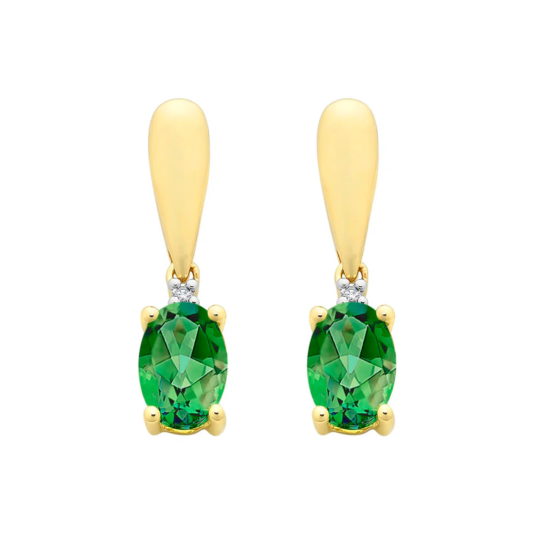 Yellow Gold Created Emerald and Diamond Studs