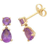9Ct Gold Earrings W Round & Pear Shaped Amethyst Claw Set Drop Studs