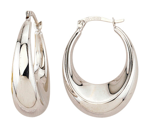 9K WHITE GOLD SILVER FILLED HOLLOW MEDIUM TAPERED OVAL POLISHED HOOPS