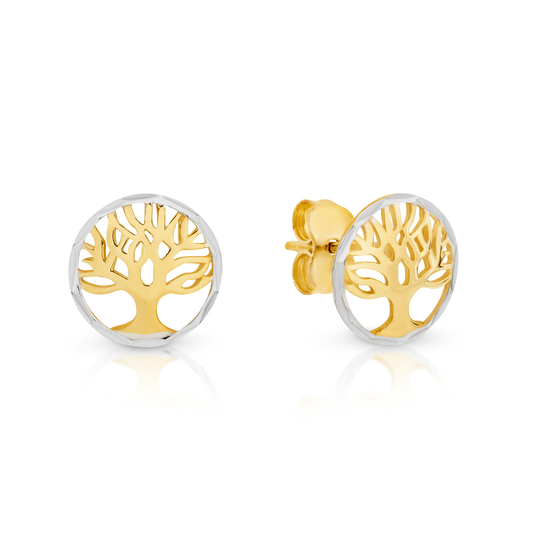9K Yellow And White Gold Tree Of Life Studs 10Mm