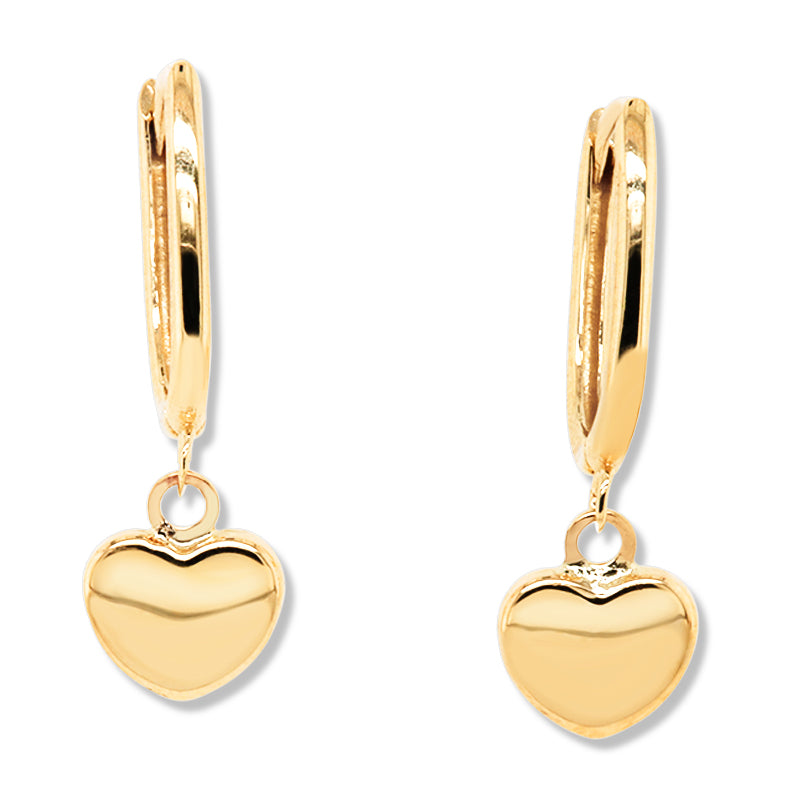 9K Yellow Gold Oval Huggies With Heart Drop