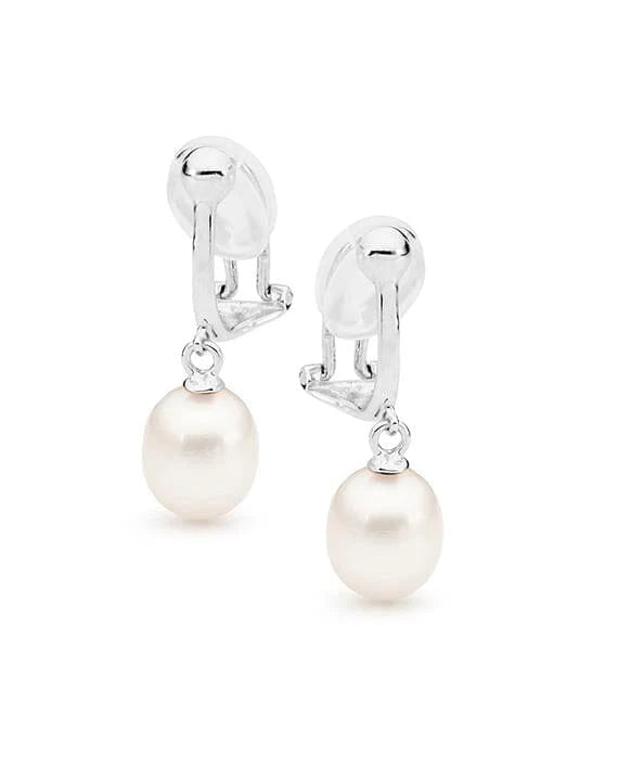 Silver White Pearl Drop Clip On Earrings