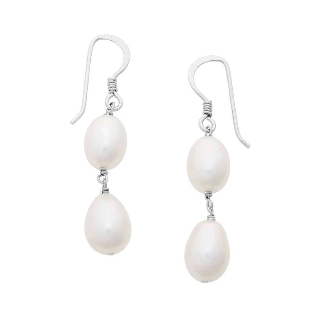 S/Silver White Fresh Water Pearl Double Drop Shepherd Hook Earrings