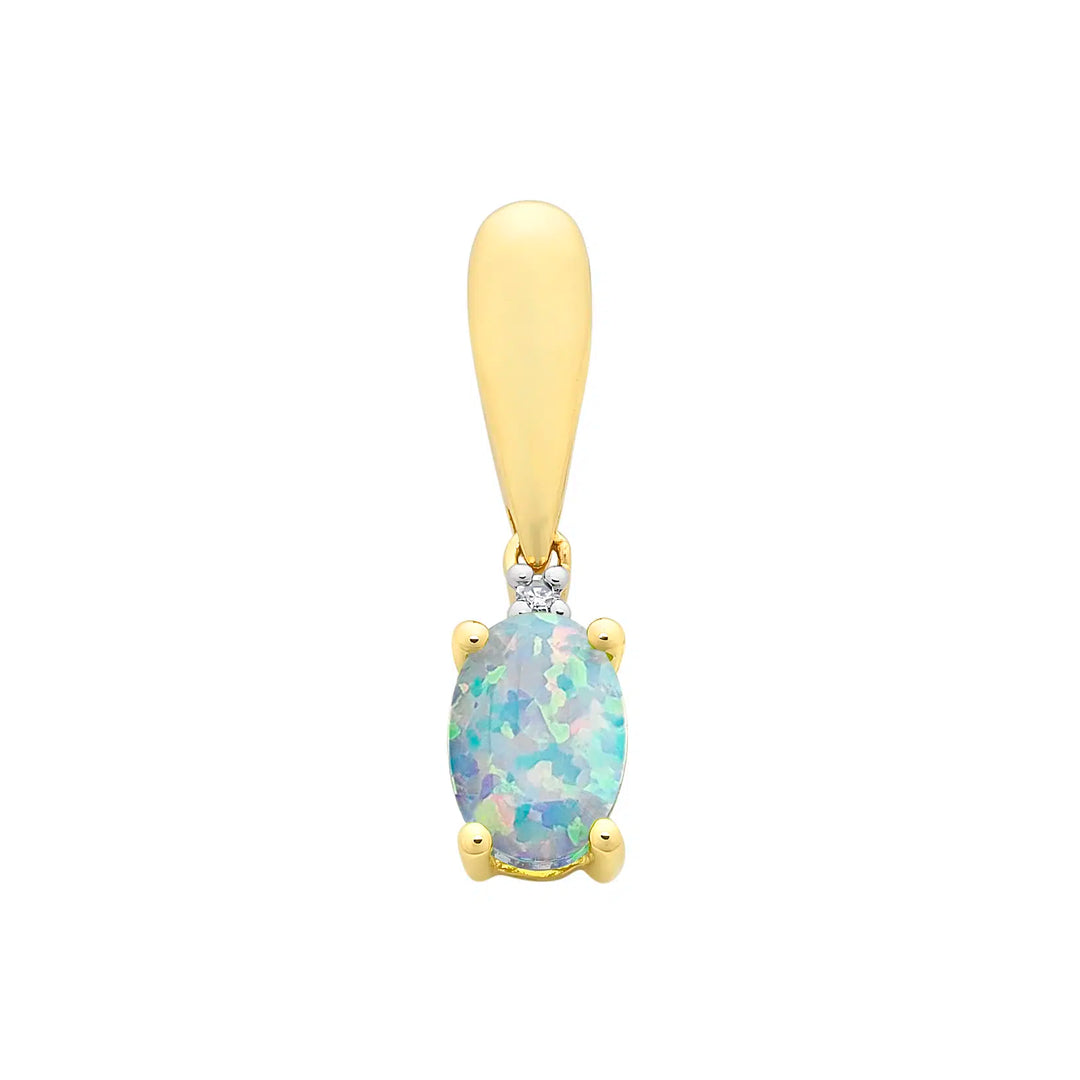 Yellow Gold Created White Opal & Diamond Pendant