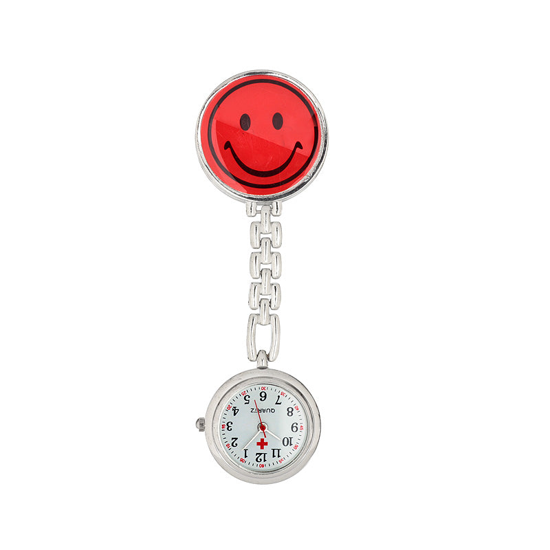 Clip-On Silver Plate Round Red Smily Nurses Watch