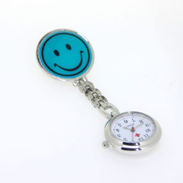 Clip-On Silver Plate Round Red Smily Nurses Watch