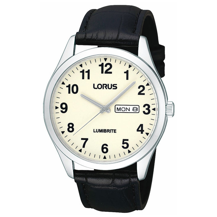 Lorus Men's, Silver Tone, White/Luminous Dial, Date, Black Leather Strap Watch